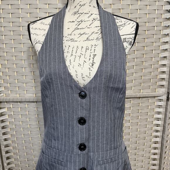 Lulus Size XL Posh Attraction Grey Pinstriped Button-Front Halter Mini Dress NEW - Picture 3 of 10